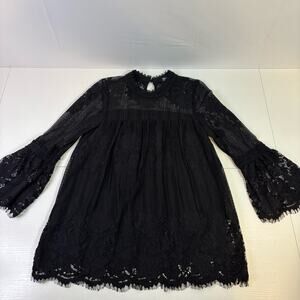 Miss Chievous Black Bell Sleeve Blouse with Lacy Ruffled Pleats Size Small R0353